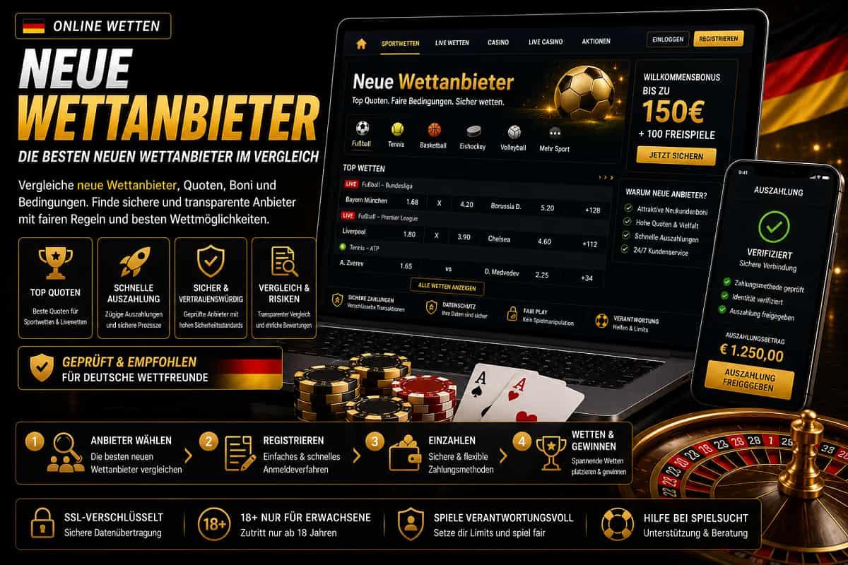 Neue Wettanbieter im Vergleich mit Laptop, Smartphone, Wettquoten sowie deutschen Sicherheits- und Zahlungshinweisen.